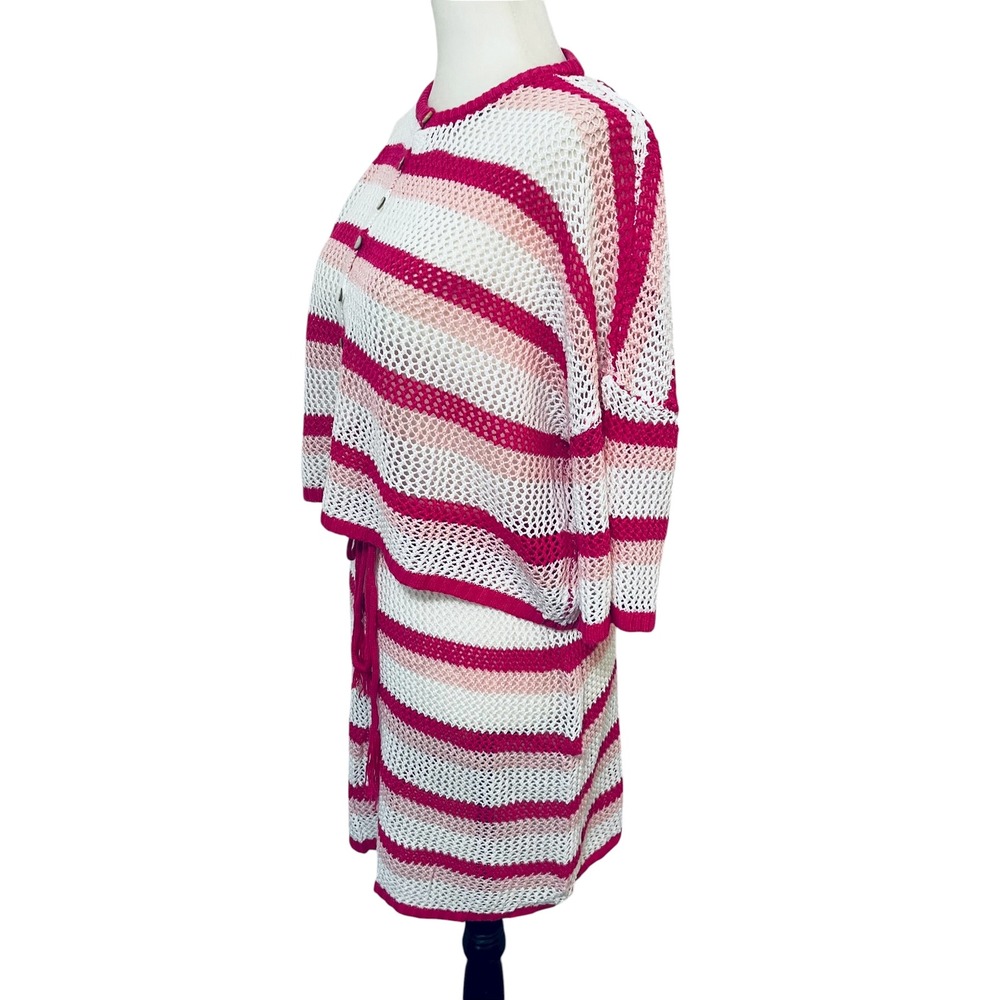 NEW Large Crochet‎ Knit Swim Cover Set Striped Cardigan & Mini Skirt Pink White - Picture 6 of 9